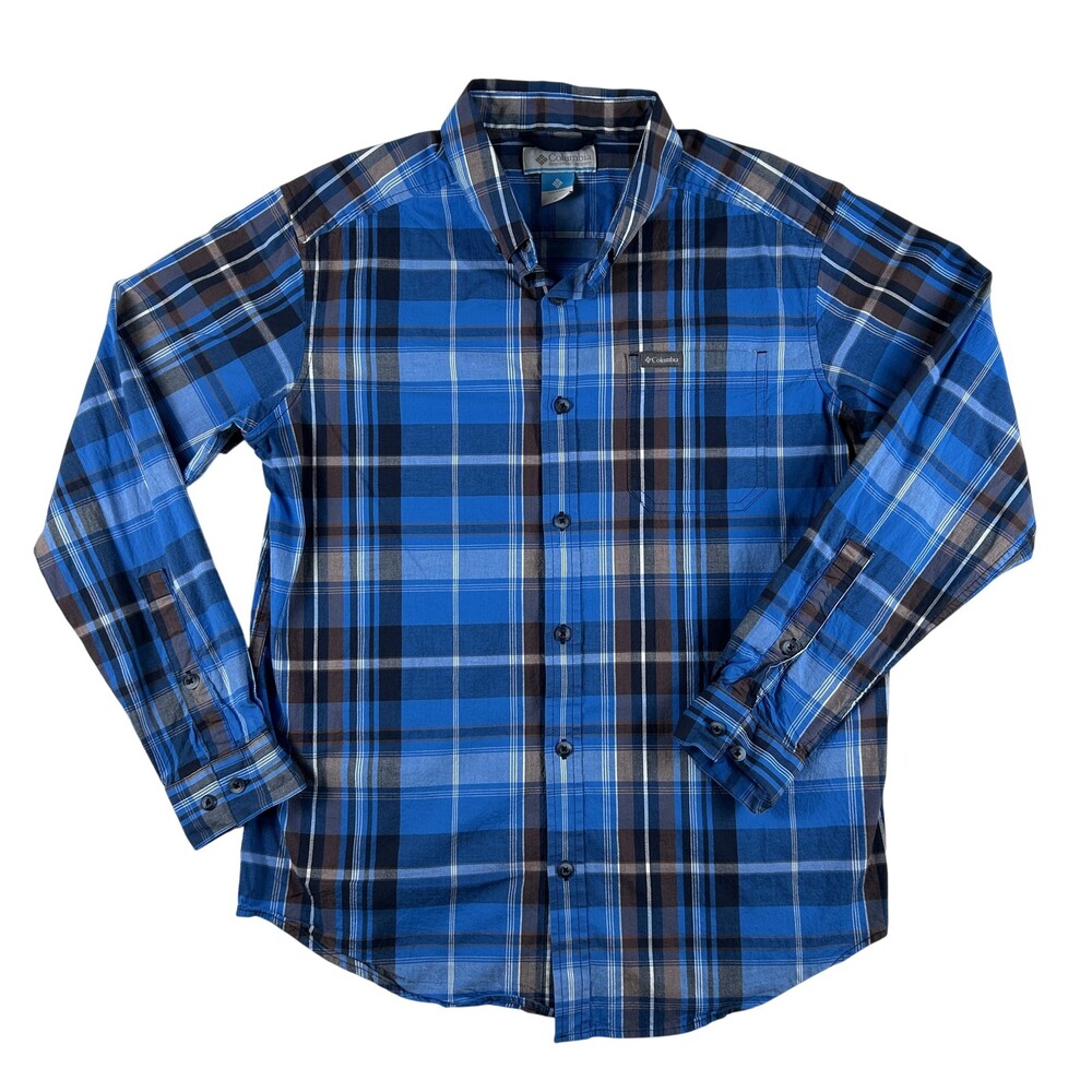 Columbia Shirt Mens Medium Blue Plaid Long Sleeve Button Up Stretch Casual